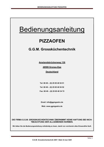 BEDIENUNGSANLEITUNG PIZZAOFEN - GGM Gastro International