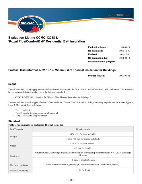 Ccmc Evaluation Number 12018 L For Roxul Plus Comfortbatt