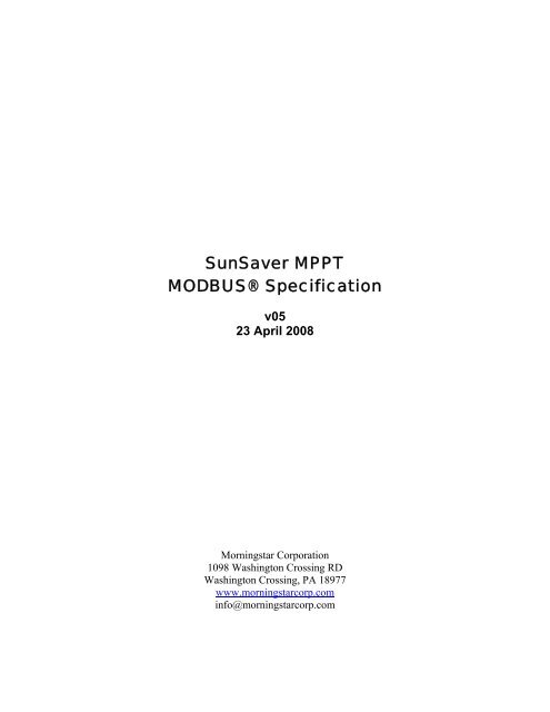 SunSaver MPPT MODBUSÂ® Specification - Morningstar Corporation