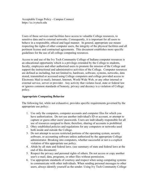 Acceptable Usage Policy - Ivy Tech Community College