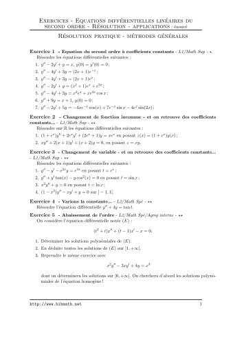 Exercices - Equations diffÃ©rentielles linÃ©aires du second ... - Bibmath