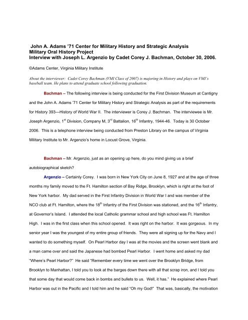 Joseph Argenzio Interview Transcript. World War II Oral History. D ...