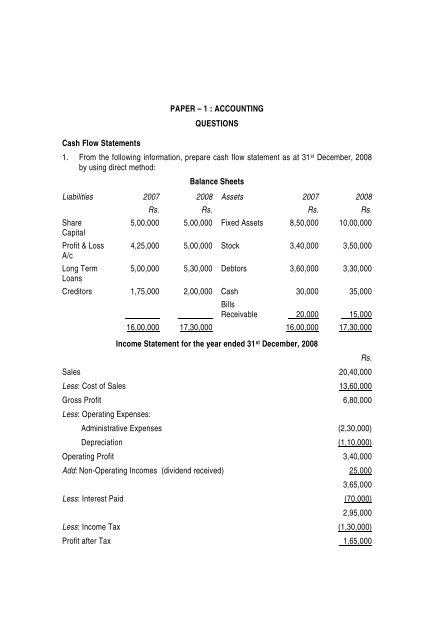 paper 1 accounting questions cash flow statements short term debt statement