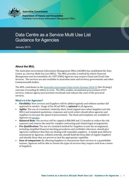 Data Centre as a Service (DCaaS) Multi Use List - About AGIMO