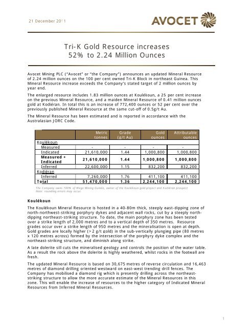 Tri-K Gold Resource increases 52% to 2.24 - Avocet Mining PLC