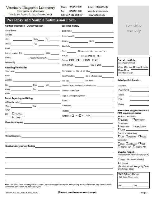 Submission Form - Veterinary Diagnostic Laboratory - University of ...