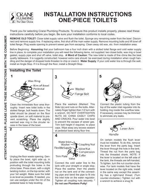 Installation Instructions One Piece Crane Plumbing
