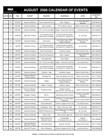 AUGUST 2008 CALENDAR OF EVENTS - GNLD Events