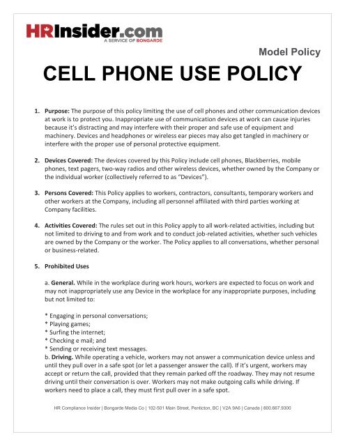 CELL PHONE USE POLICY - HRInsider