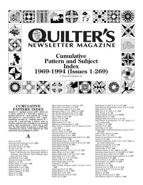 Cumulative Pattern And Subject Index 1969-1994 - Quilters Newsletter