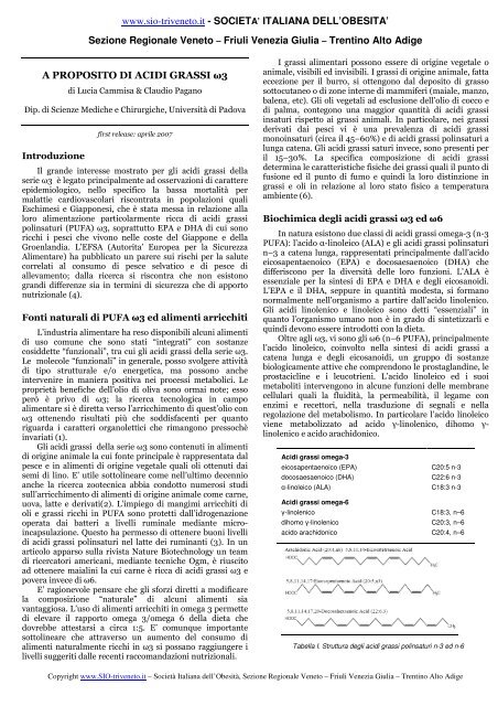 Gli acidi grassi omega-3 (pdf) - Societa' Italiana ObesitÃ (SIO)