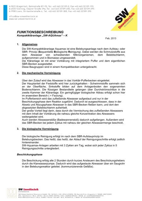 FUNKTIONSBESCHREIBUNG - SW Umwelttechnik