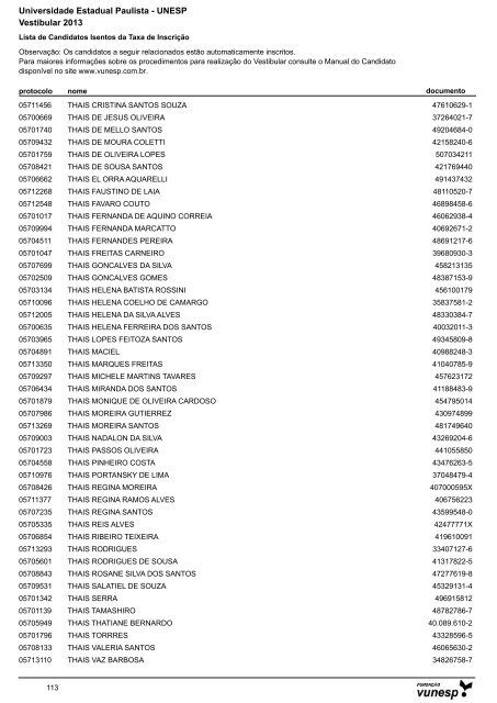 Lista de Candidatos Deferidos - Isenção de Taxa ... - Vestibular Unesp