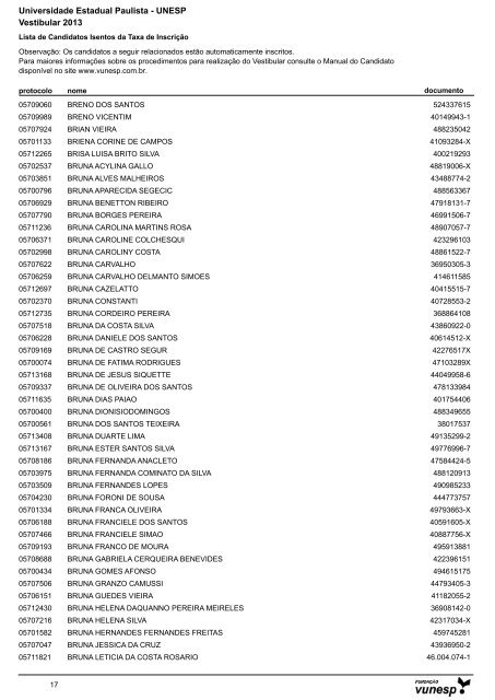 Lista de Candidatos Deferidos - Isenção de Taxa ... - Vestibular Unesp