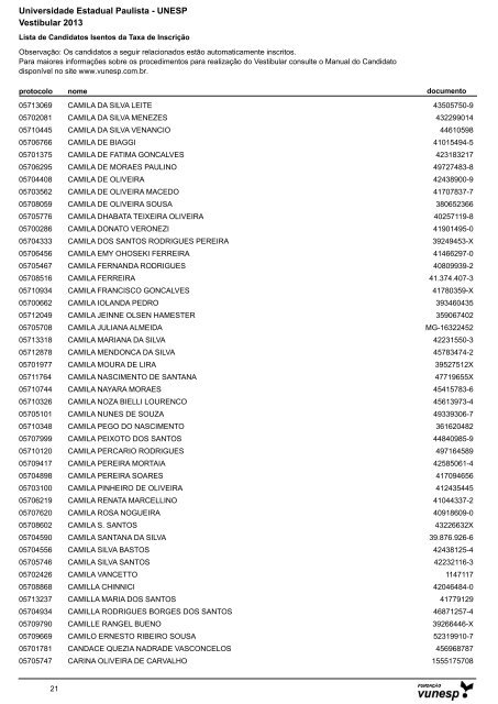 Lista de Candidatos Deferidos - Isenção de Taxa ... - Vestibular Unesp