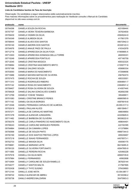 Lista de Candidatos Deferidos - Isenção de Taxa ... - Vestibular Unesp