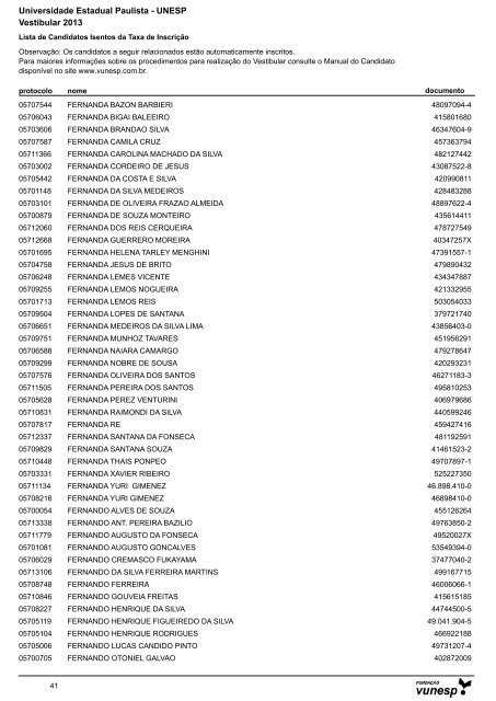 Lista de Candidatos Deferidos - Isenção de Taxa ... - Vestibular Unesp