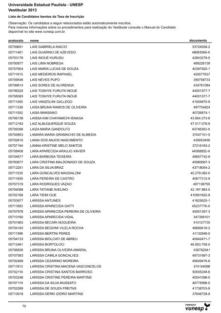 Lista de Candidatos Deferidos - Isenção de Taxa ... - Vestibular Unesp