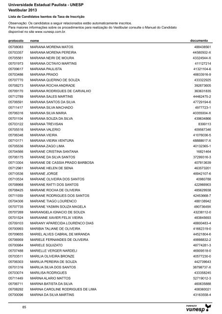 Lista de Candidatos Deferidos - Isenção de Taxa ... - Vestibular Unesp