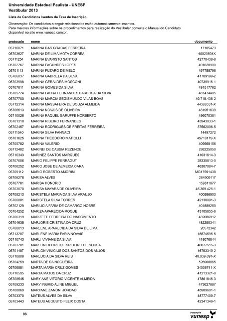 Lista de Candidatos Deferidos - Isenção de Taxa ... - Vestibular Unesp