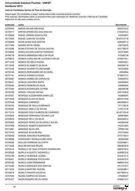 Lista de Candidatos Deferidos - Isenção de Taxa ... - Vestibular Unesp