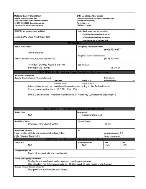 Ecosorb iAQ Gel MSDS