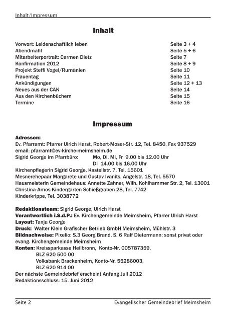 Inhalt/Impressum - Evangelische Kirchengemeinde Meimsheim