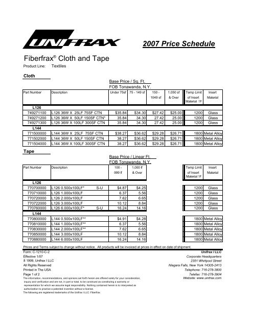 2007 Price Schedule Fiberfrax® Cloth and Tape - Unifrax