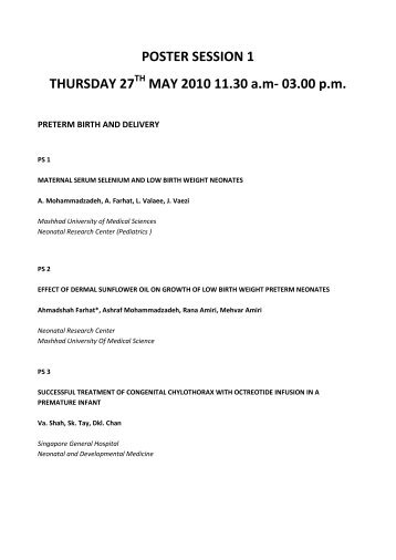 POSTER SESSION 1 THURSDAY 27 MAY 2010 11.30 a.m- 03.00 p.m.