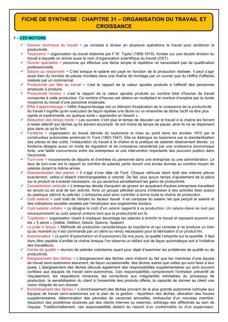 fiche de synthese : chapitre 31 â organisation du travail et croissance