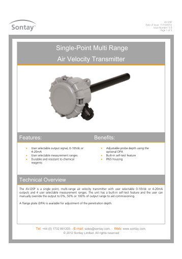 Single-Point Multi Range Air Velocity Transmitter - Sontay