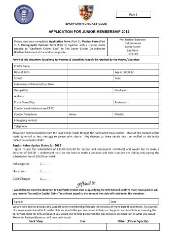 Junior Player – Membership Form - Spofforth Cricket Club