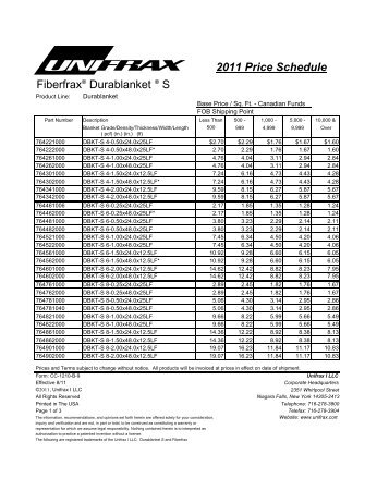 2011 Price Schedule Fiberfrax® Durablanket ® S - Unifrax