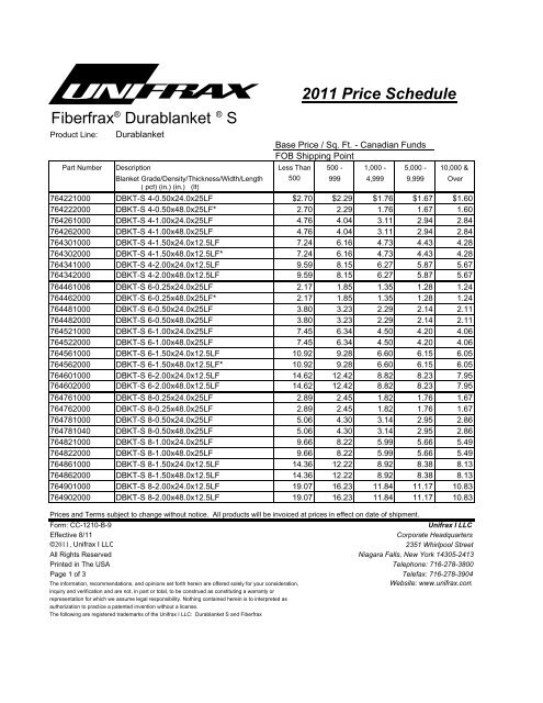 2011 Price Schedule Fiberfrax® Durablanket ® S - Unifrax