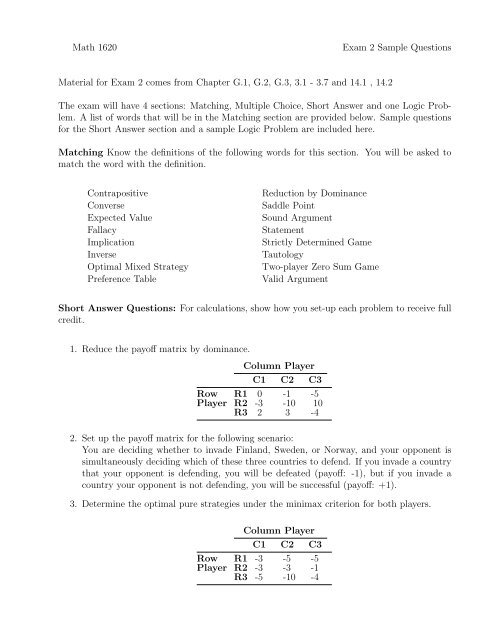 Math 1620 Exam 2 Sample Questions Material for Exam 2 comes ...