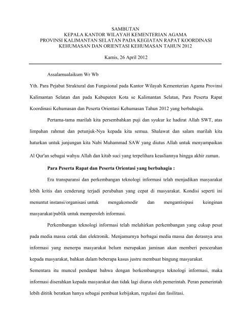 Sambutan pada Kegiatan Rapat Koordinasi Kehumasan dan