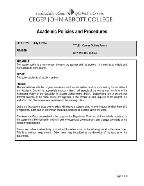 Course Outline Format Policy - John Abbott College