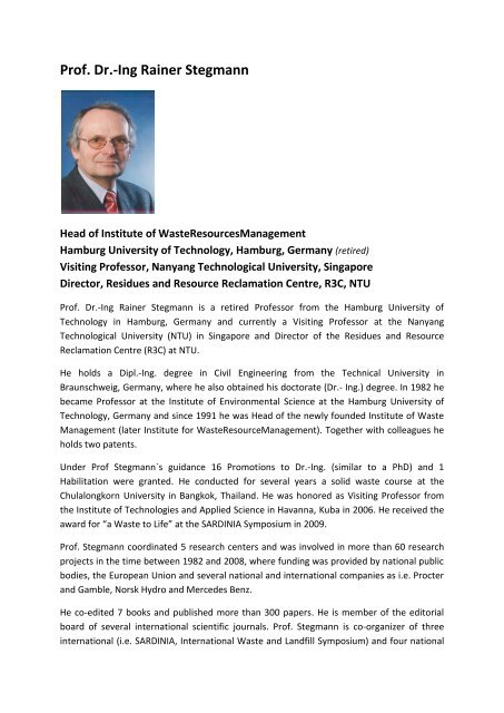 Prof. Dr.-Ing Rainer Stegmann - Nanyang Technological University