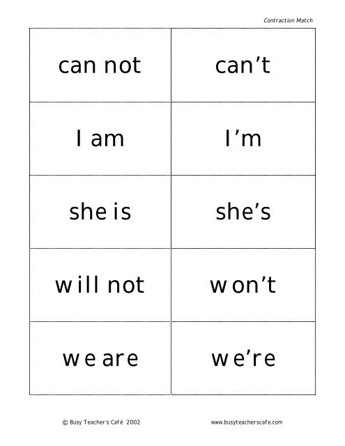 Contraction Match - Busy Teacher's Cafe