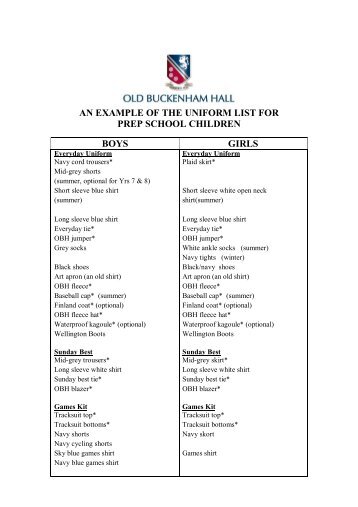 an example of the uniform list for prep school children boys girls