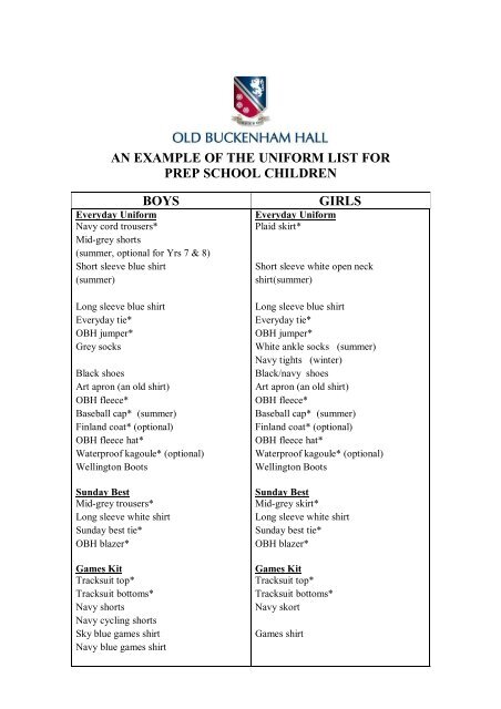 an example of the uniform list for prep school children boys girls