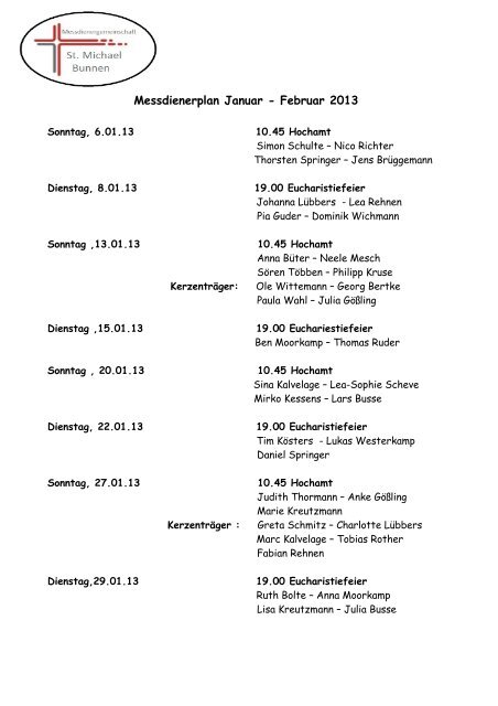 Messdienerplan Januar - Februar 2013 - Vitus-loeningen.de