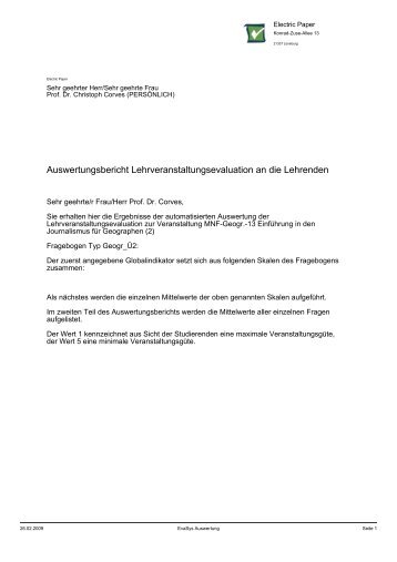 Auswertungsbericht Lehrveranstaltungsevaluation an die Lehrenden