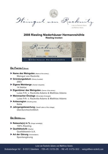 2008 Riesling NiederhÃ¤user HermannshÃ¶hle - Weingut von Racknitz