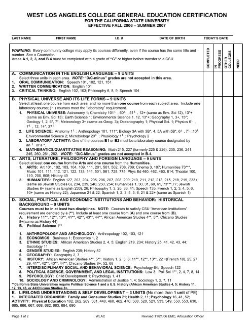 CSU GE Checklist - West Los Angeles College