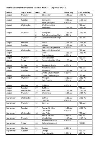 District Governor Club Visitation Schedule 2013-14 (Updated 6/5/13)