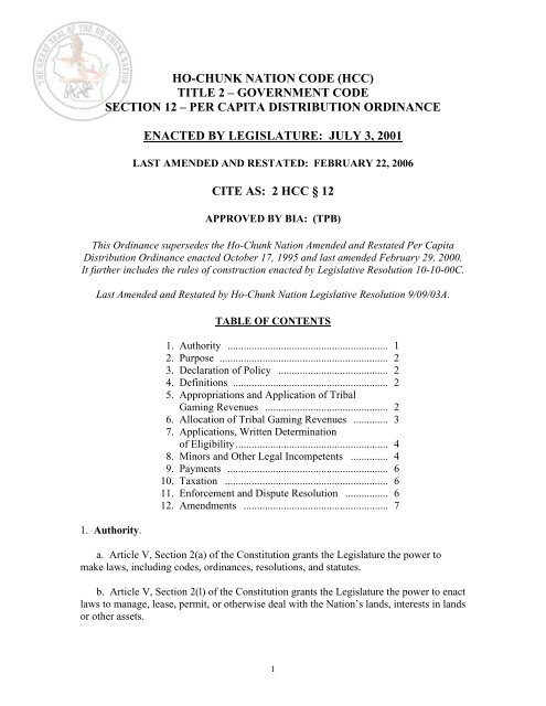 Ho-Chunk Nation Code, 2HCC12 - Per Capital Distribution Ordinance