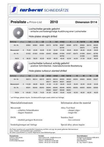 Preisliste Price-List 2010 - turbocut Jopp GmbH