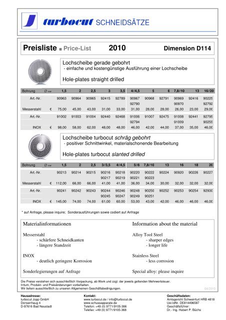 Preisliste Price-List 2010 - turbocut Jopp GmbH