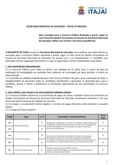 SECRETARIA MUNICIPAL DE EDUCAÃÃO â EDITAL NÂº 004/2011 ...